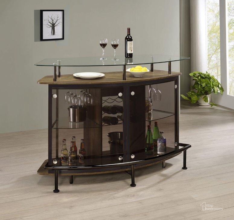 The appearance of 182236 Brown Oak Bar Unit Set designed by Coaster in the modern / contemporary interior design. This black piece of furniture  was selected by 1StopBedrooms from  to add a touch of cosiness and style into your home. Sku: 182236B1;182236B2;182176. Material: Wood. Product Type: Home Bar Set. Image1