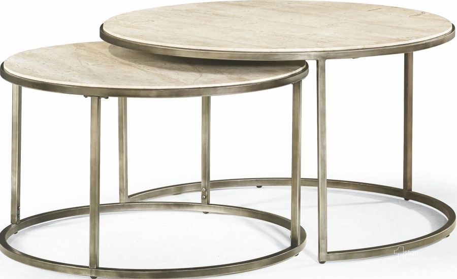 The appearance of Modern Basics Natural Travertine Round Cocktail Table designed by Hammary in the modern / contemporary interior design. This cream piece of furniture  was selected by 1StopBedrooms from Modern Basics Collection to add a touch of cosiness and style into your home. Sku: 190-911. Table Top Shape: Round. Material: Metal. Product Type: Cocktail Table. Image1