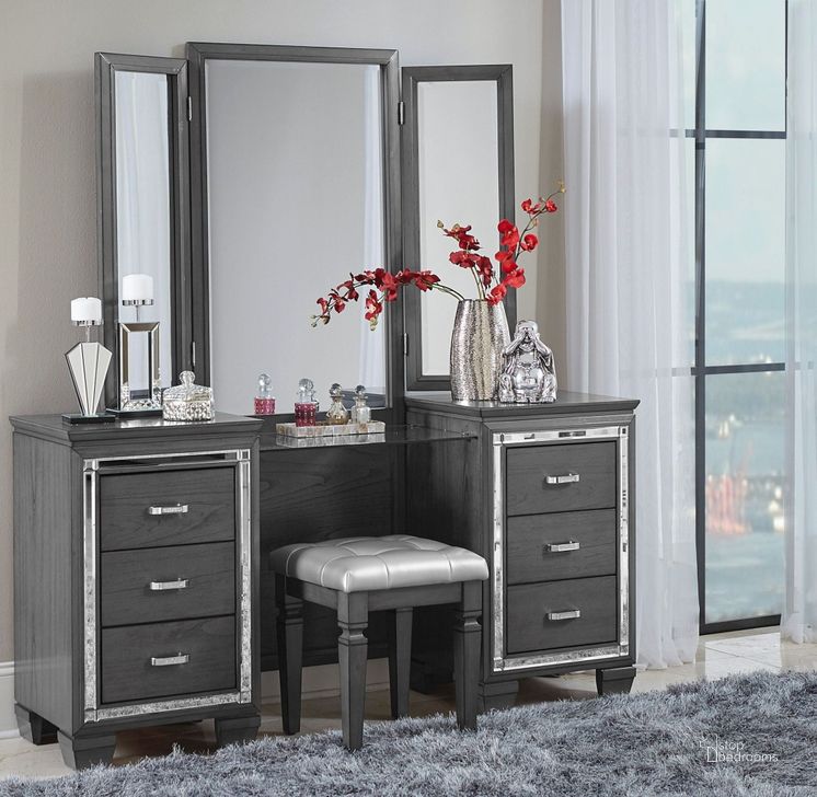 The appearance of Allura Gray Vanity with Mirror designed by Homelegance in the modern / contemporary interior design. This gray piece of furniture  was selected by 1StopBedrooms from Allura Collection to add a touch of cosiness and style into your home. Sku: 1916GY-15L;1916GY-15M;1916GY-15R. Material: Wood. Product Type: Vanity. Image1
