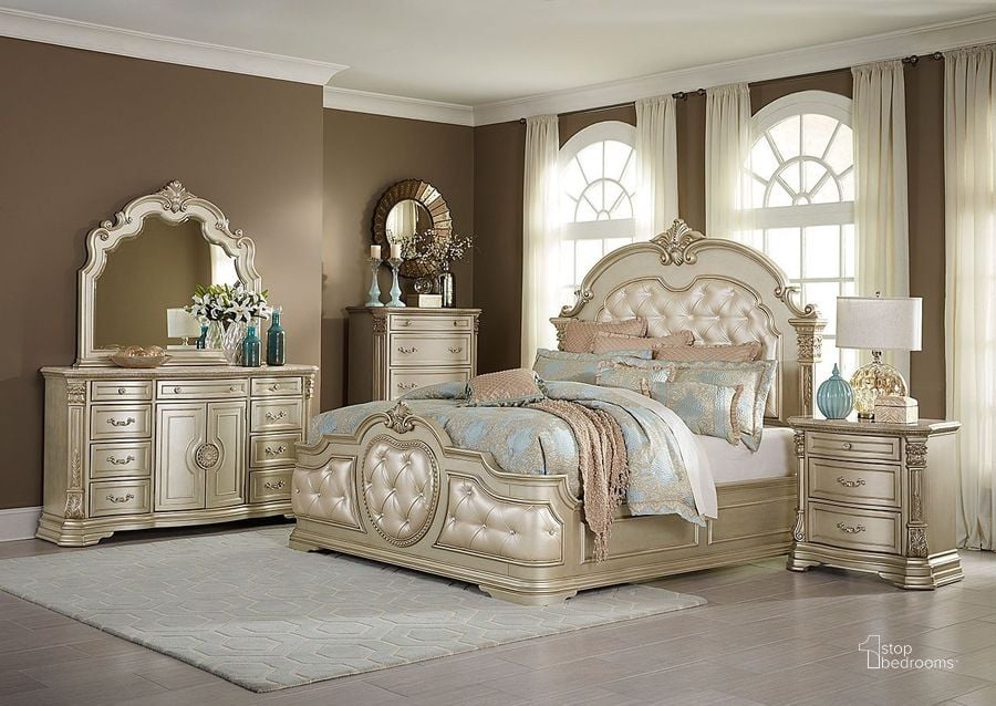 The appearance of Antoinetta Panel Bedroom Set (Champagne) designed by Homelegance in the traditional interior design. This champagne piece of furniture  was selected by 1StopBedrooms from Antoinetta Collection to add a touch of cosiness and style into your home. Sku: 1919NC-1;1919NC-2;1919NC-3;1919NC-4. Bed Type: Panel Bed. Material: Wood. Product Type: Panel Bed. Bed Size: Queen. Image1