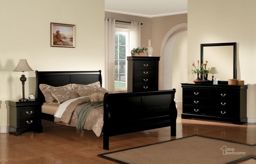 The appearance of Acme Louis Phillipe III Sleigh Bedroom Set in Black designed by ACME in the transitional interior design. This black piece of furniture  was selected by 1StopBedrooms from Louis Phillipe III Collection to add a touch of cosiness and style into your home. Sku: 19500Q-HF;19501Q-R;19503. Bed Type: Sleigh Bed. Material: Wood. Product Type: Sleigh Bed. Bed Size: California King. Image1