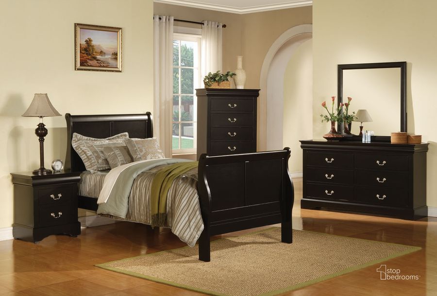 The appearance of Acme Louis Phillipe III Sleigh Kids Bedroom Set in Black designed by ACME in the transitional interior design. This black piece of furniture  was selected by 1StopBedrooms from Louis Phillipe III Collection to add a touch of cosiness and style into your home. Sku: 19510T-HF;19511T-R;19503. Bed Type: Sleigh Bed. Material: Wood. Product Type: Sleigh Bed. Bed Size: Twin. Image1