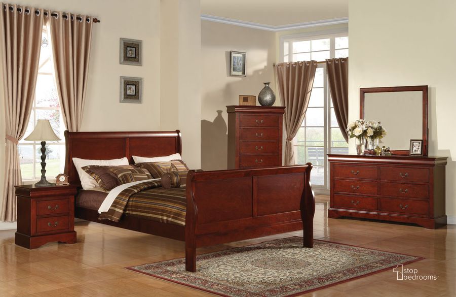 The appearance of Acme Louis Phillipe III Sleigh Bedroom Set in Cherry designed by ACME in the transitional interior design. This brown piece of furniture  was selected by 1StopBedrooms from Louis Phillipe III Collection to add a touch of cosiness and style into your home. Sku: 19520Q-HF;19521Q-R;19523. Bed Type: Sleigh Bed. Material: Wood. Product Type: Sleigh Bed. Bed Size: Queen. Image1