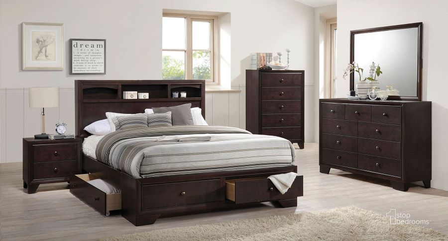 The appearance of Madison II Bookcase Storage Bedroom Set designed by ACME in the transitional interior design. This brown piece of furniture  was selected by 1StopBedrooms from Madison II Collection to add a touch of cosiness and style into your home. Sku: 19560Q-HB;19561Q-FB;19562Q-R;19573. Bed Type: Storage Bed. Material: Wood. Product Type: Storage Bed. Bed Size: Queen. Image1