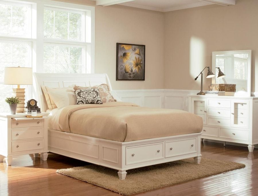 The appearance of Sandy Beach White Sleigh Storage Bedroom Set - 201309 designed by Coaster in the transitional interior design. This white piece of furniture  was selected by 1StopBedrooms from Sandy Beach Collection to add a touch of cosiness and style into your home. Sku: 201309QB1;201309QB2;201309QB3;201302. Bed Type: Storage Bed. Material: Wood. Product Type: Storage Bed. Bed Size: Queen. Image1