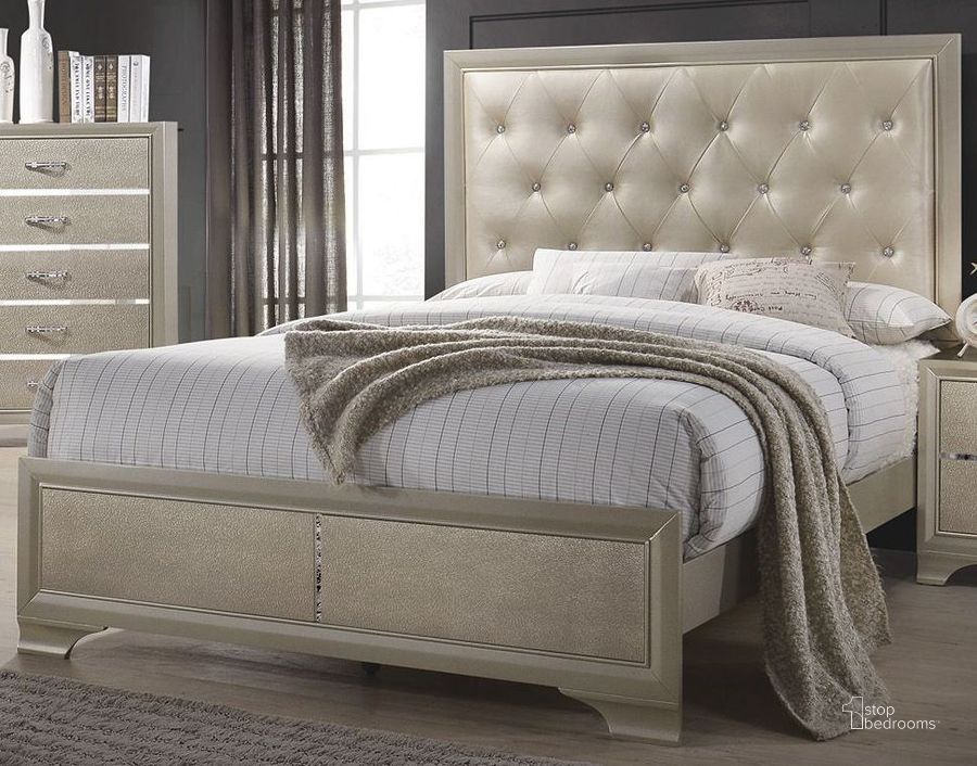 The appearance of Beaumont Champagne Queen Upholstered Panel Bed designed by Coaster in the transitional interior design. This gray piece of furniture  was selected by 1StopBedrooms from Beaumont Collection to add a touch of cosiness and style into your home. Sku: 205291QB1;205291QB2. Bed Type: Panel Bed. Material: Fabric. Product Type: Panel Bed. Bed Size: Queen. Image1