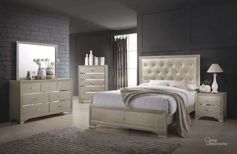 The appearance of Beaumont Champagne Upholstered Panel Bedroom Set designed by Coaster in the transitional interior design. This gray piece of furniture  was selected by 1StopBedrooms from Beaumont Collection to add a touch of cosiness and style into your home. Sku: 205291QB1;205291QB2;205292. Bed Type: Panel Bed. Material: Fabric. Product Type: Panel Bed. Bed Size: Queen. Image1