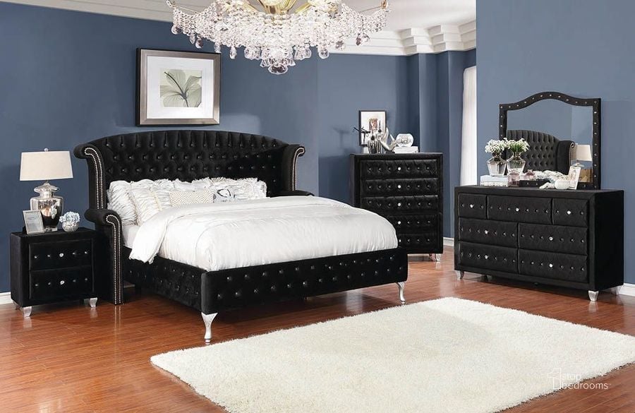 The appearance of Deanna Black Upholstered Platform Bedroom Set designed by Coaster in the modern / contemporary interior design. This black piece of furniture  was selected by 1StopBedrooms from Deanna Collection to add a touch of cosiness and style into your home. Sku: 206101QB1;206101QB2;206101QB3;206102. Bed Type: Platform Bed. Material: Wood. Product Type: Platform Bed. Bed Size: Queen. Image1
