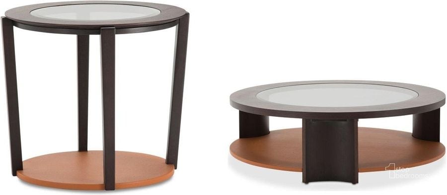 The appearance of 21 Cosmopolitan Diablo Orange and Umber Round Occasional Table Set designed by AICO in the transitional interior design. This brown piece of furniture  was selected by 1StopBedrooms from 21 Cosmopolitan Collection to add a touch of cosiness and style into your home. Sku: 9029201-812;9029202-812. Product Type: Occasional Table Set. Image1