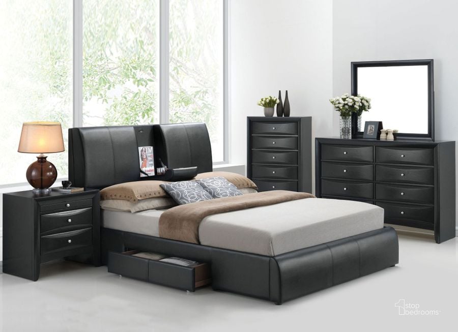 The appearance of Kofi Black Upholstered Platform Storage Bedroom Set designed by ACME in the modern / contemporary interior design. This black piece of furniture  was selected by 1StopBedrooms from Ireland I Collection to add a touch of cosiness and style into your home. Sku: 21270Q-HB;21271Q-FB;21272Q-R;21273Q-DRW;04163. Bed Type: Storage Bed. Product Type: Storage Bed. Bed Size: Queen. Material: Vinyl. Image1