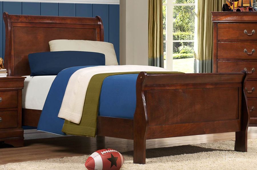 The appearance of Mayville Twin Sleigh Bed designed by Homelegance in the traditional interior design. This brown piece of furniture  was selected by 1StopBedrooms from Mayville Collection to add a touch of cosiness and style into your home. Sku: 2147T-1;2147T-3. Bed Type: Sleigh Bed. Material: Wood. Product Type: Sleigh Bed. Bed Size: Twin. Image1