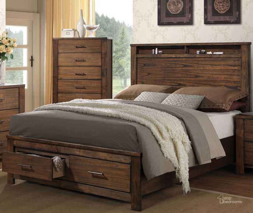The appearance of Merrilee Oak Queen Panel Storage Bed designed by ACME in the transitional interior design. This brown piece of furniture  was selected by 1StopBedrooms from Merrilee Collection to add a touch of cosiness and style into your home. Sku: 21680Q-HF;21681Q-R;21682Q-DRW. Bed Type: Storage Bed. Material: Wood. Product Type: Storage Bed. Bed Size: Queen. Image1