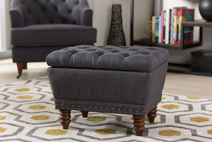 The appearance of Baxton Studio Annabelle Modern And Contemporary Dark Grey Fabric Upholstered Walnut Wood Finished Button-Tufted Storage Ottoman designed by Baxton Studio in the modern / contemporary interior design. This dark grey piece of furniture  was selected by 1StopBedrooms from Annabelle Collection to add a touch of cosiness and style into your home. Sku: 217-Dark Grey. Material: Fabric. Product Type: Ottoman. Image1