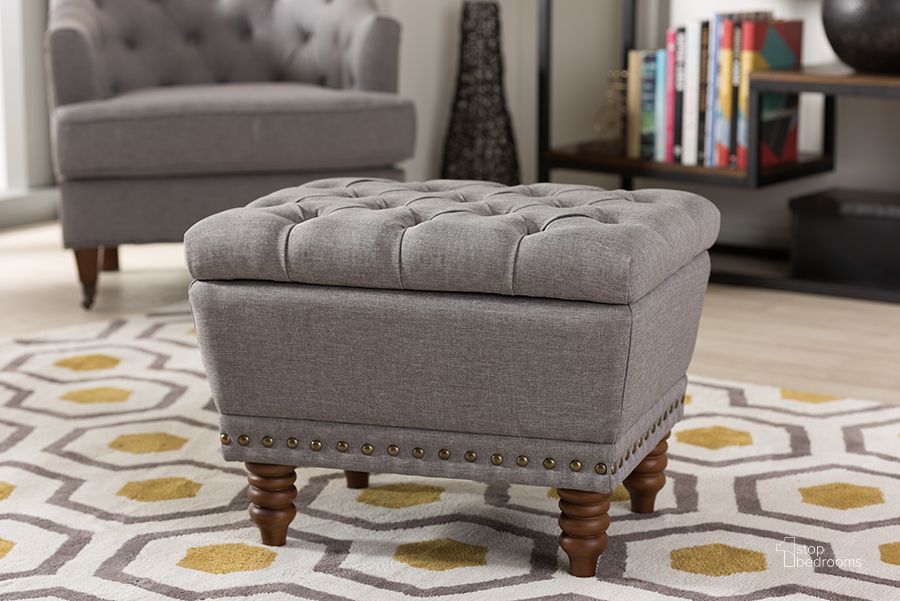 The appearance of Baxton Studio Annabelle Modern And Contemporary Light Grey Fabric Upholstered Walnut Wood Finished Button-Tufted Storage Ottoman designed by Baxton Studio in the modern / contemporary interior design. This light grey piece of furniture  was selected by 1StopBedrooms from Annabelle Collection to add a touch of cosiness and style into your home. Sku: 217-Light Grey. Material: Fabric. Product Type: Ottoman. Image1