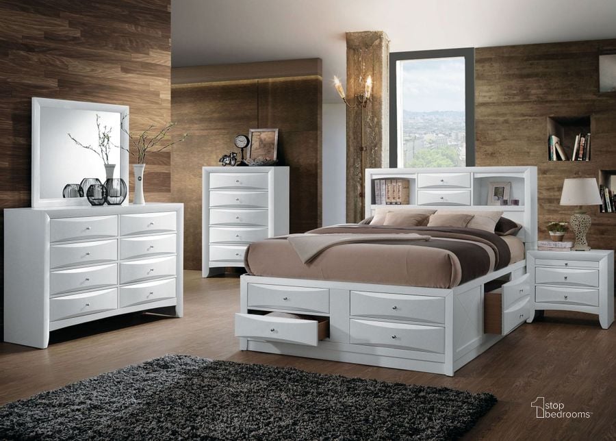 The appearance of Ireland White Bookcase Storage Bedroom Set designed by ACME in the transitional interior design. This white piece of furniture  was selected by 1StopBedrooms from Ireland Collection to add a touch of cosiness and style into your home. Sku: 21700Q-HF;21701Q-R;21702Q-LDRW;21703Q-RDRW;21704. Bed Type: Storage Bed. Material: Wood. Product Type: Storage Bed. Bed Size: Queen. Image1