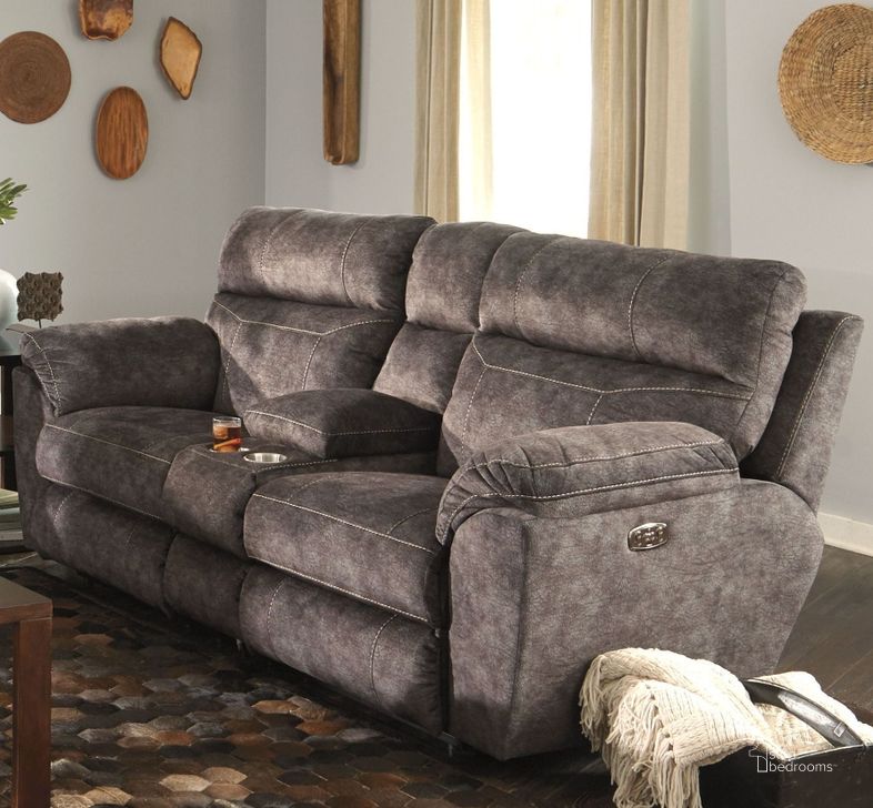 The appearance of Sedona Smoke Power Reclining Console Loveseat designed by Catnapper in the modern / contemporary interior design. This gray piece of furniture  was selected by 1StopBedrooms from Sedona Collection to add a touch of cosiness and style into your home. Sku: 62229279328. Material: Fabric. Product Type: Reclining Loveseat. Image1