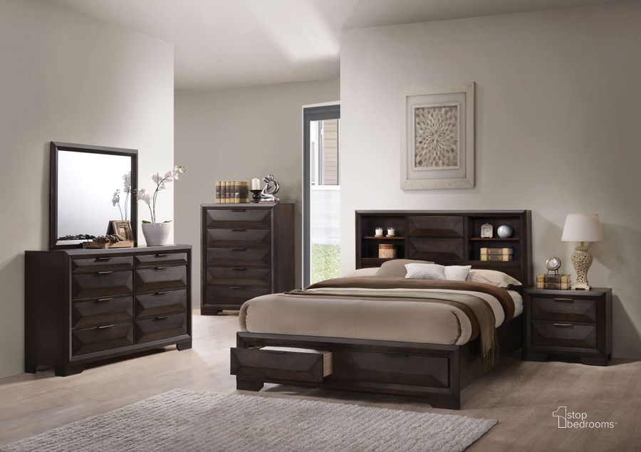 The appearance of Merveille Espresso Bookcase Storage Bedroom Set designed by ACME in the transitional interior design. This brown piece of furniture  was selected by 1StopBedrooms from Merveille Collection to add a touch of cosiness and style into your home. Sku: 22870Q-HF;22871Q-R;22872Q-DRW;22873. Bed Type: Storage Bed. Material: Wood. Product Type: Storage Bed. Bed Size: Queen. Image1