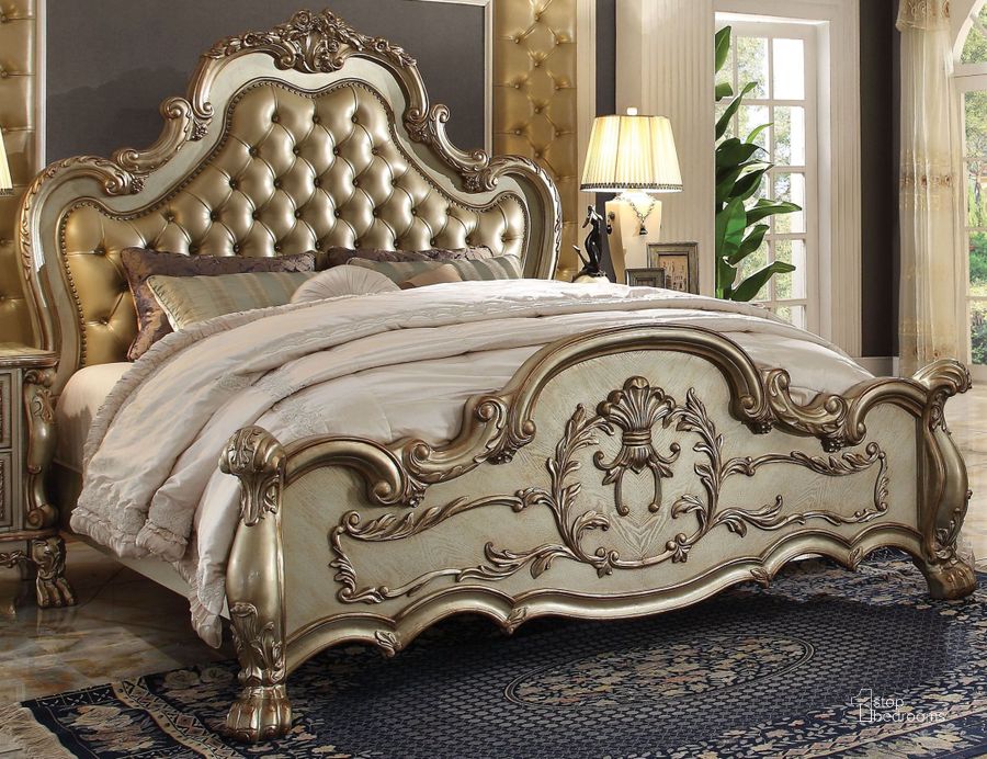 The appearance of Dresden Bone Gold Patina King Panel Bed designed by ACME in the transitional interior design. This gold patina piece of furniture  was selected by 1StopBedrooms from Dresden Collection to add a touch of cosiness and style into your home. Sku: 23157EK-HB;23158EK-FB;23159EK-R. Bed Type: Panel Bed. Product Type: Panel Bed. Bed Size: King. Material: Vinyl. Image1