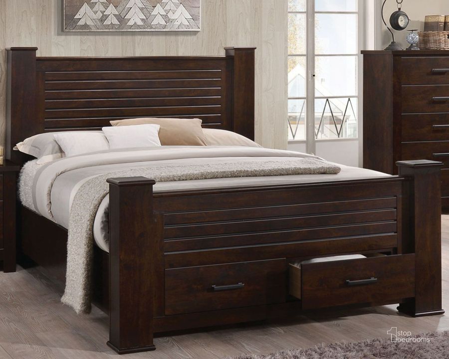 The appearance of Panang Mahogany Queen Panel Storage Bed designed by ACME in the transitional interior design. This brown piece of furniture  was selected by 1StopBedrooms from Panang Collection to add a touch of cosiness and style into your home. Sku: 23370Q-HF;23371Q-POST;23372Q-DRW;23372Q-R. Bed Type: Panel Bed. Material: Wood. Product Type: Panel Bed. Bed Size: Queen. Image1
