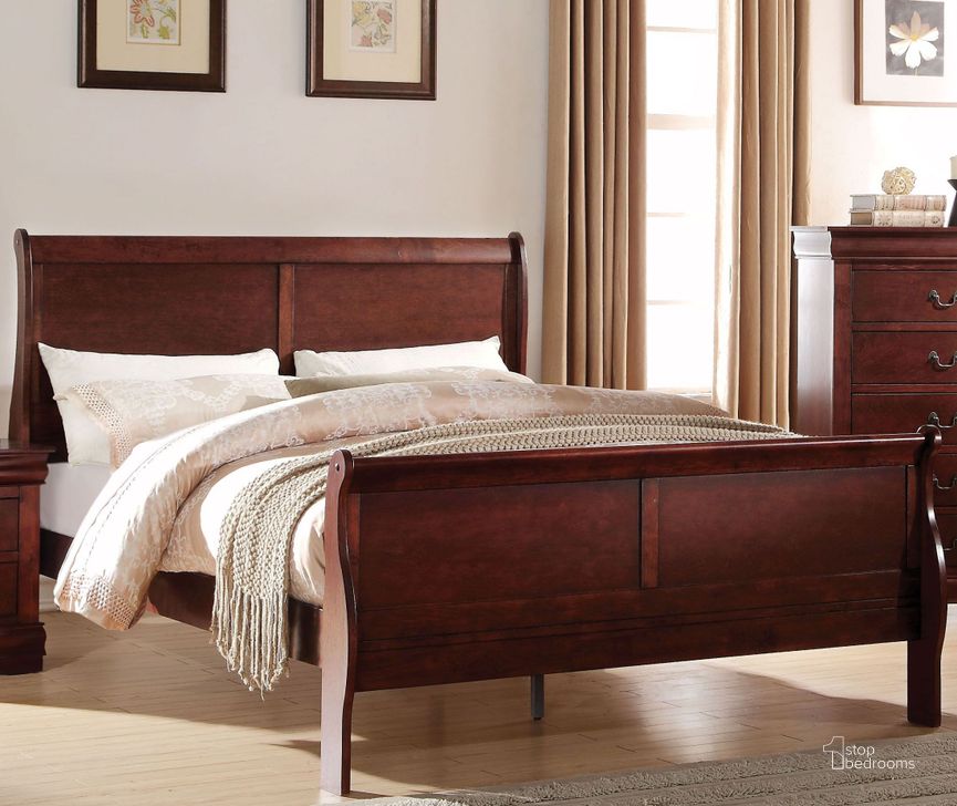 The appearance of Louis Philippe Cherry Full Sleigh Bed designed by ACME in the transitional interior design. This brown piece of furniture  was selected by 1StopBedrooms from Louis Philippe Collection to add a touch of cosiness and style into your home. Sku: 23757F-HF;23758F-R. Bed Type: Sleigh Bed. Material: Wood. Product Type: Sleigh Bed. Bed Size: Full. Image1