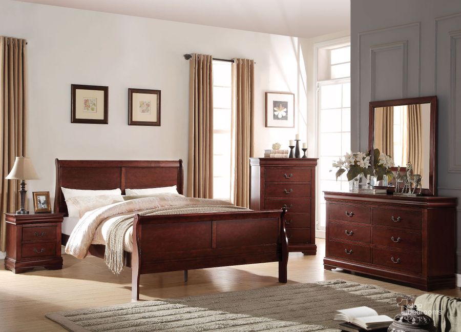 The appearance of Louis Philippe Cherry Sleigh Bedroom Set designed by ACME in the transitional interior design. This brown piece of furniture  was selected by 1StopBedrooms from Louis Philippe Collection to add a touch of cosiness and style into your home. Sku: 23750Q-HF;23751Q-R;23753. Bed Type: Sleigh Bed. Material: Wood. Product Type: Sleigh Bed. Bed Size: Queen. Image1