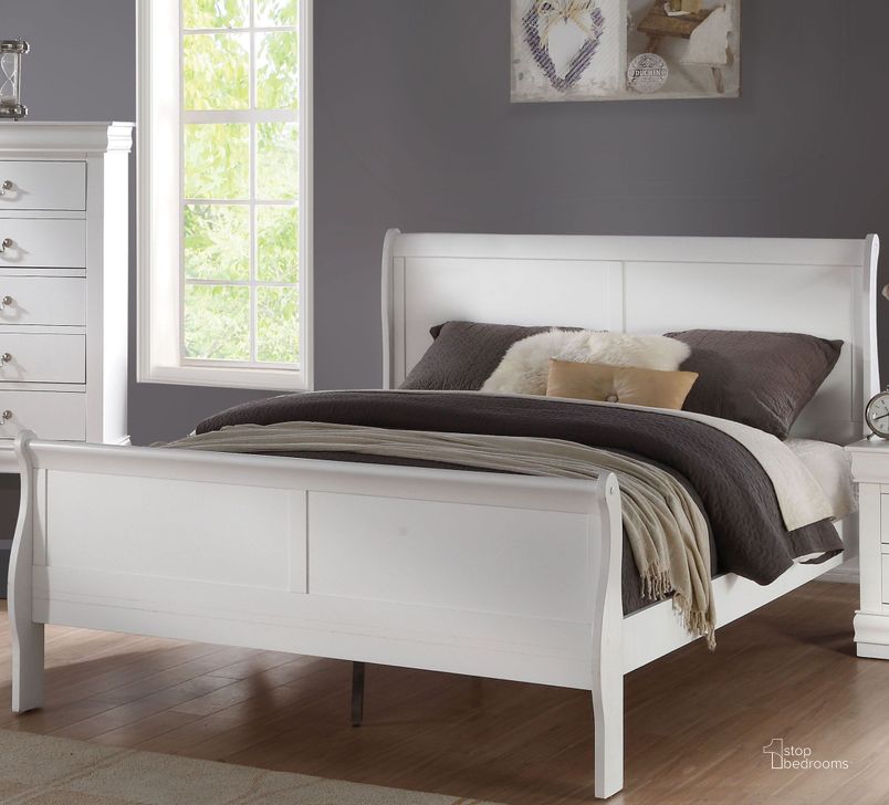 The appearance of Louis Philippe White King Sleigh Bed designed by ACME in the transitional interior design. This white piece of furniture  was selected by 1StopBedrooms from Louis Philippe Collection to add a touch of cosiness and style into your home. Sku: 23827EK-HF;23828EK-R. Bed Type: Sleigh Bed. Material: Wood. Product Type: Sleigh Bed. Bed Size: King. Image1