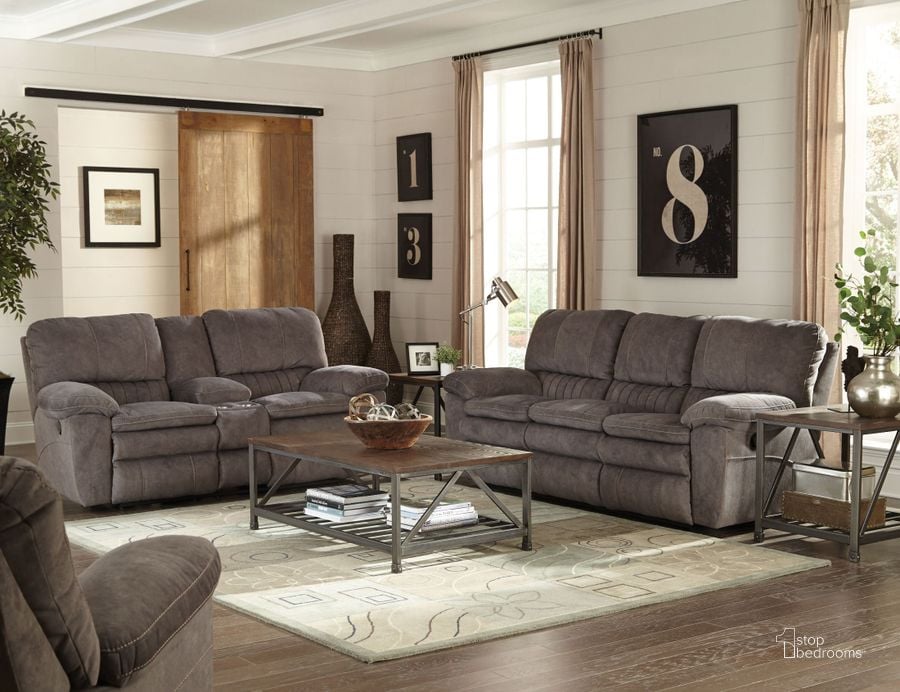 The appearance of Reyes Graphite Lay Flat Reclining Living Room Set designed by Catnapper in the transitional interior design. This silver piece of furniture  was selected by 1StopBedrooms from Reyes Collection to add a touch of cosiness and style into your home. Sku: 2401279228;2409279228. Material: Fabric. Product Type: Living Room Set. Image1