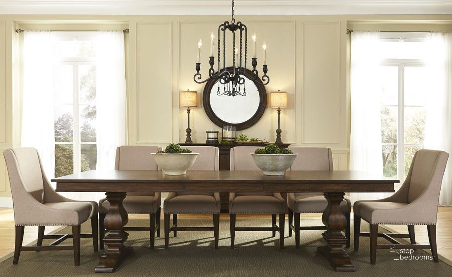 The appearance of Armand Brown Extendable Pedestal Dining Room Set designed by Liberty in the modern / contemporary interior design. This brown piece of furniture  was selected by 1StopBedrooms from Armand Collection to add a touch of cosiness and style into your home. Sku: 242-T4206;242-P4206;242-C6501S. Table Base Style: Double Pedestal. Material: Wood. Product Type: Dining Room Set. Table Top Shape: Rectangular. Image1