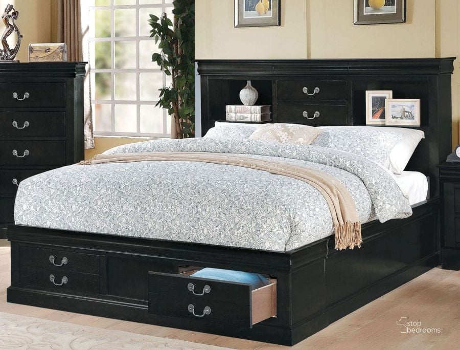 The appearance of Louis Philippe Iii Black Queen Bookcase Storage Bed designed by ACME in the transitional interior design. This black piece of furniture  was selected by 1StopBedrooms from Louis Phillipe III Collection to add a touch of cosiness and style into your home. Sku: 24390Q-HB;24391Q-FB;24392Q-R. Bed Type: Storage Bed. Material: Wood. Product Type: Storage Bed. Bed Size: Queen. Image1