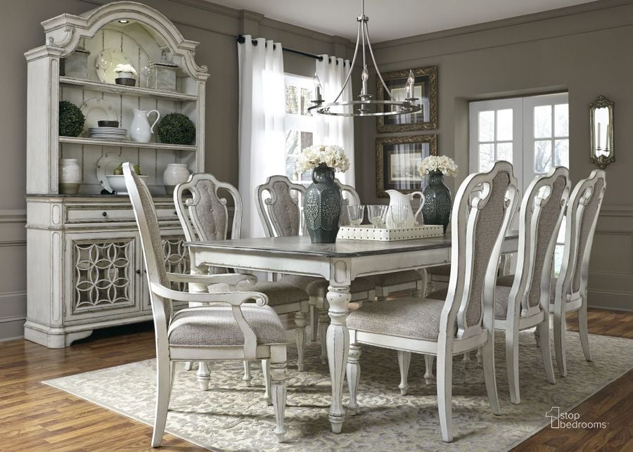 The appearance of Magnolia Manor Antique White Extendable Rectangular Dining Room Set designed by Liberty in the transitional interior design. This antique white piece of furniture  was selected by 1StopBedrooms from Magnolia Manor Collection to add a touch of cosiness and style into your home. Sku: 244-T4408;244-C2501S. Table Base Style: Legs. Material: Wood. Product Type: Dining Room Set. Table Top Shape: Rectangular. Image1