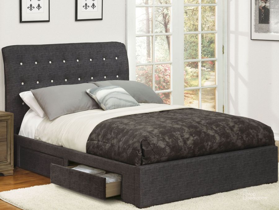 The appearance of Drorit Dark Gray Queen Upholstered Platform Storage Bed designed by ACME in the transitional interior design. This gray piece of furniture  was selected by 1StopBedrooms from Drorit Collection to add a touch of cosiness and style into your home. Sku: 25680Q-HB;25681Q-FR;25682Q-SL;25683Q-PNL;25684Q-DRW. Bed Type: Storage Bed. Material: Fabric. Product Type: Storage Bed. Bed Size: Queen. Image1