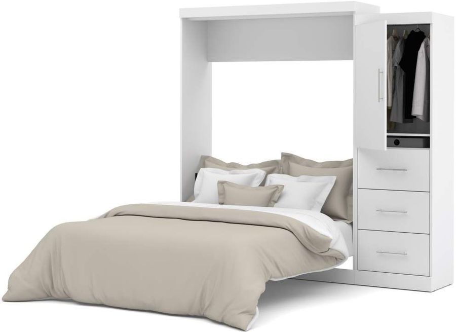 The appearance of Nebula White 90" Queen Wall Bed Kit with 3-Drawer Set designed by Bestar in the modern / contemporary interior design. This white piece of furniture  was selected by 1StopBedrooms from Nebula Collection to add a touch of cosiness and style into your home. Sku: 25882-17. Material: Wood. Bed Size: Queen. Bed Type: Murphy Bed. Product Type: Murphy Bed. Image1