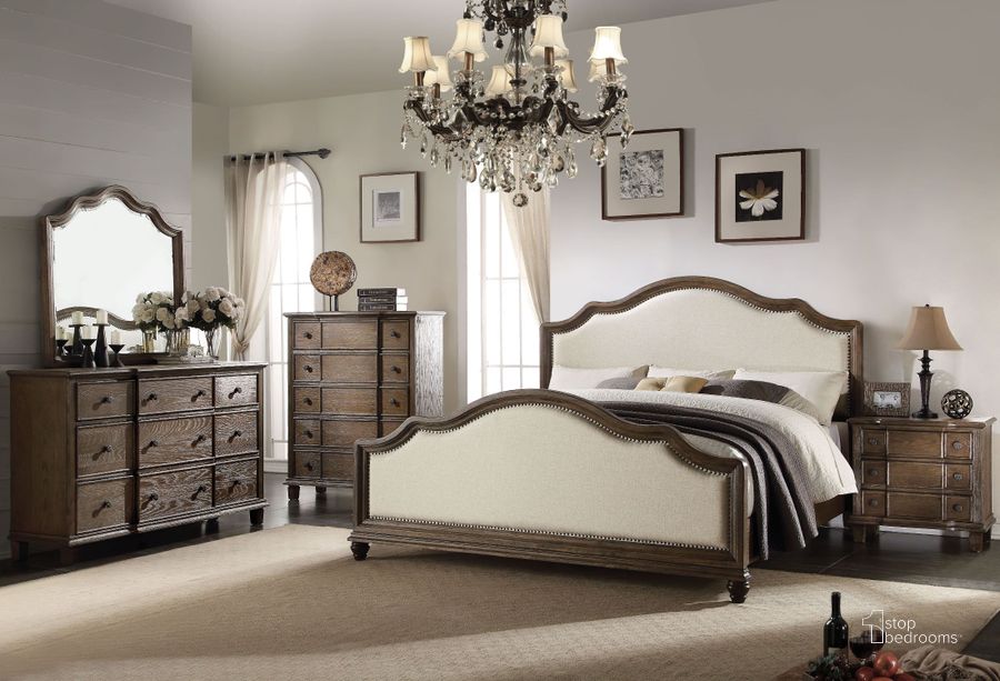 The appearance of Baudouin Weathered Oak Upholstered Panel Bedroom Set designed by ACME in the transitional interior design. This beige piece of furniture  was selected by 1StopBedrooms from Baudouin Collection to add a touch of cosiness and style into your home. Sku: 26110Q-HB;26111Q-FB;26112Q-R;26113. Bed Type: Panel Bed. Material: Fabric. Product Type: Panel Bed. Bed Size: Queen. Image1