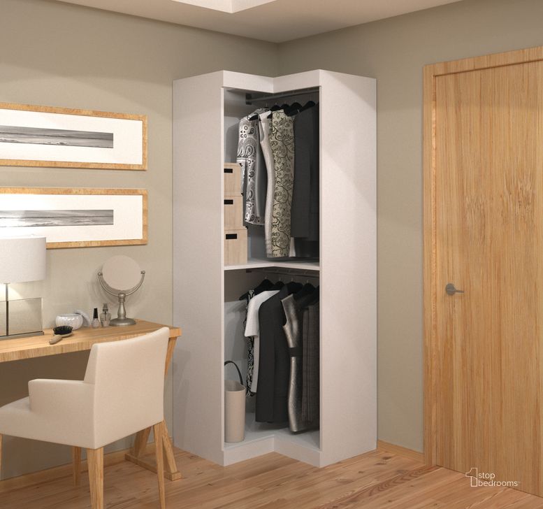 The appearance of 26165 Pure White Open Corner Wardrobe designed by Bestar in the modern / contemporary interior design. This white piece of furniture  was selected by 1StopBedrooms from Pur Collection to add a touch of cosiness and style into your home. Sku: 26165-17. Material: Wood. Product Type: Wardrobe. Image1
