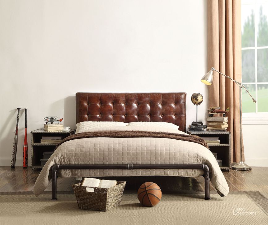 The appearance of Brancaster Vintage Brown Leather Bedroom Set designed by ACME in the industrial interior design. This brown piece of furniture  was selected by 1StopBedrooms from Brancaster Collection to add a touch of cosiness and style into your home. Sku: 26210Q-HB;26211Q-FB;26212Q-SL;26218. Material: Leather. Bed Size: Queen. Product Type: Slat / Spindle Bed. Bed Type: Slat / Spindle Bed. Image1