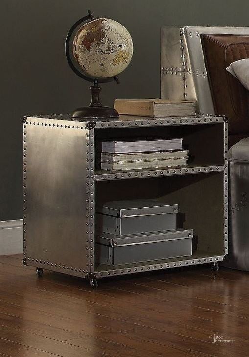 The appearance of Brancaster Aluminum Nightstand with Usb Power Dock designed by ACME in the industrial interior design. This silver piece of furniture  was selected by 1StopBedrooms from Brancaster Collection to add a touch of cosiness and style into your home. Sku: 26218. Material: Leather. Product Type: Nightstand. Image1