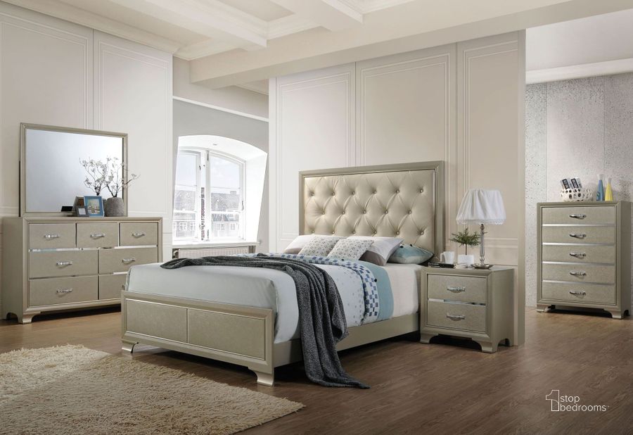 The appearance of Carine Champagne Upholstered Panel Bedroom Set designed by ACME in the transitional interior design. This brown piece of furniture  was selected by 1StopBedrooms from Carine Collection to add a touch of cosiness and style into your home. Sku: 26240Q-HF;26241Q-R;26243. Bed Type: Panel Bed. Product Type: Panel Bed. Bed Size: Queen. Material: Vinyl. Image1