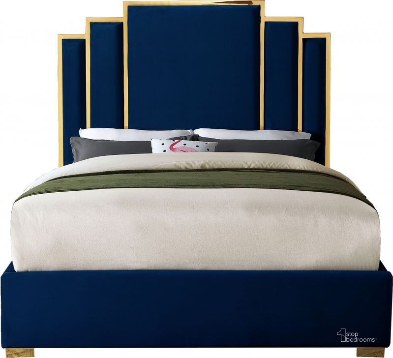 The appearance of Meridian Hugo Navy Velvet King Bed designed by Meridian in the modern / contemporary interior design. This navy velvet piece of furniture  was selected by 1StopBedrooms from Hugo Collection to add a touch of cosiness and style into your home. Sku: HugoNavy-K-1;HugoNavy-K-2. Bed Type: Platform Bed. Product Type: Platform Bed. Bed Size: King. Material: Velvet. Image1