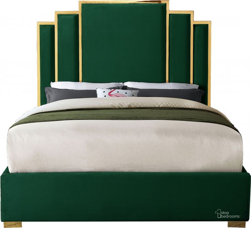 The appearance of Meridian Hugo Green Velvet King Bed designed by Meridian in the modern / contemporary interior design. This green velvet piece of furniture  was selected by 1StopBedrooms from Hugo Collection to add a touch of cosiness and style into your home. Sku: HugoGreen-K-1;HugoGreen-K-2. Bed Type: Platform Bed. Product Type: Platform Bed. Bed Size: King. Material: Velvet. Image1