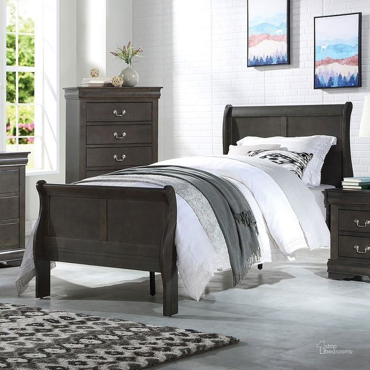 The appearance of Louis Philippe Youth Sleigh Bed (Dark Gray) designed by ACME in the transitional interior design. This dark gray piece of furniture  was selected by 1StopBedrooms from Louis Philippe Collection to add a touch of cosiness and style into your home. Sku: 26800T-HF;26801T-R. Bed Type: Sleigh Bed. Product Type: Sleigh Bed. Bed Size: Twin. Material: MDF. Image1
