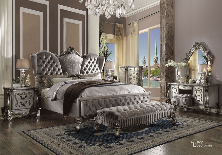 The appearance of Versailles Velvet and Antique Platinum Upholstered Panel Bedroom Set designed by ACME in the rustic / southwestern interior design. This silver piece of furniture  was selected by 1StopBedrooms from Versailles Collection to add a touch of cosiness and style into your home. Sku: 26820Q-HB;26821Q-FB;26822Q-R;26843. Bed Type: Panel Bed. Material: Wood. Product Type: Panel Bed. Bed Size: Queen. Image1
