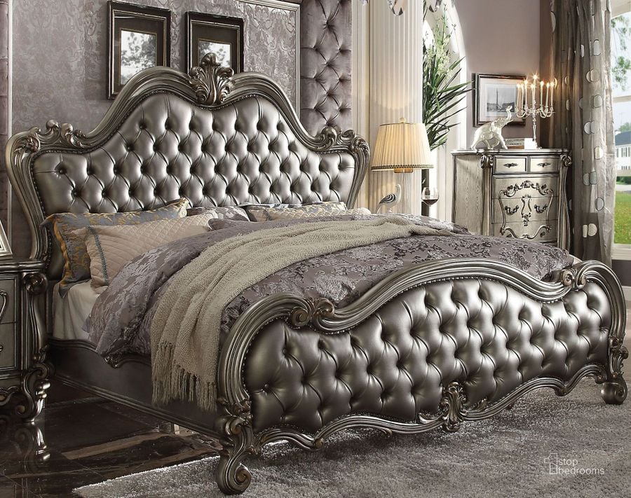 The appearance of Versailles Ii Silver Antique Platinum King Upholstered Panel Bed designed by ACME in the rustic / southwestern interior design. This silver piece of furniture  was selected by 1StopBedrooms from Versailles Ii Collection to add a touch of cosiness and style into your home. Sku: 26837EK-HB;26838EK-FB;26839EK-R. Bed Type: Panel Bed. Product Type: Panel Bed. Bed Size: King. Material: Vinyl. Image1