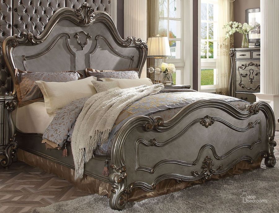 The appearance of Versailles Antique Platinum Queen Panel Bed designed by ACME in the rustic / southwestern interior design. This silver piece of furniture  was selected by 1StopBedrooms from Versailles Collection to add a touch of cosiness and style into your home. Sku: 26860Q-HB;26861Q-FB;26862Q-R. Bed Type: Panel Bed. Material: Wood. Product Type: Panel Bed. Bed Size: Queen. Image1
