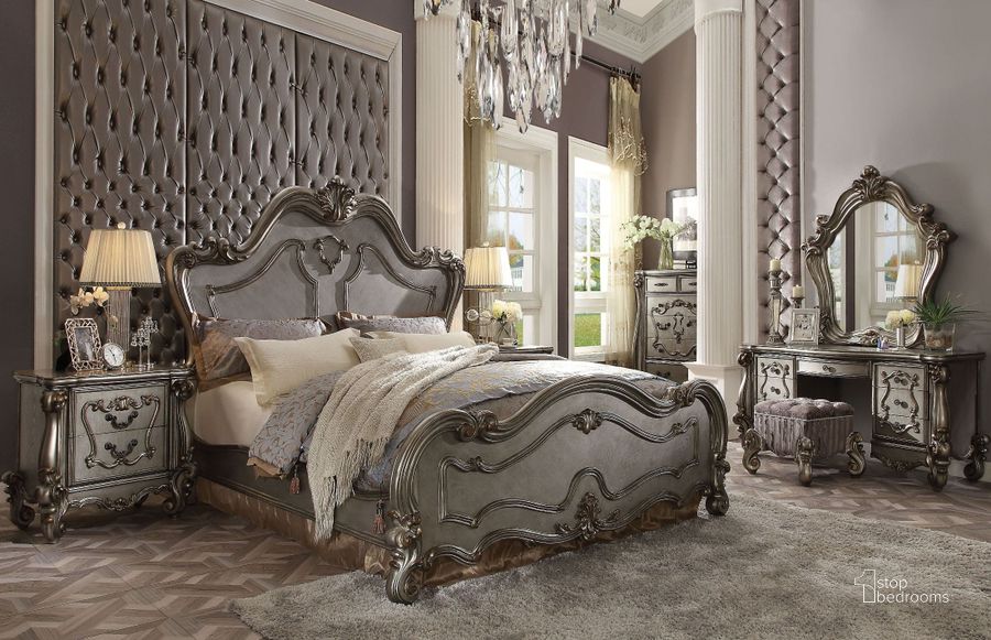The appearance of Versailles Antique Platinum Panel Bedroom Set designed by ACME in the rustic / southwestern interior design. This silver piece of furniture  was selected by 1StopBedrooms from Versailles Collection to add a touch of cosiness and style into your home. Sku: 26860Q-HB;26861Q-FB;26862Q-R;26843. Bed Type: Panel Bed. Material: Wood. Product Type: Panel Bed. Bed Size: Queen. Image1