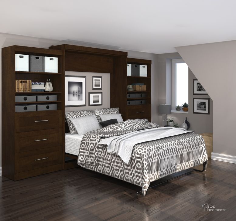 The appearance of Pur Chocolate 136" Queen Wall Drawer Storage Bed designed by Bestar in the modern / contemporary interior design. This brown piece of furniture  was selected by 1StopBedrooms from Pur Collection to add a touch of cosiness and style into your home. Sku: 26886-69. Material: Wood. Bed Size: Queen. Bed Type: Murphy Bed. Product Type: Murphy Bed. Image1