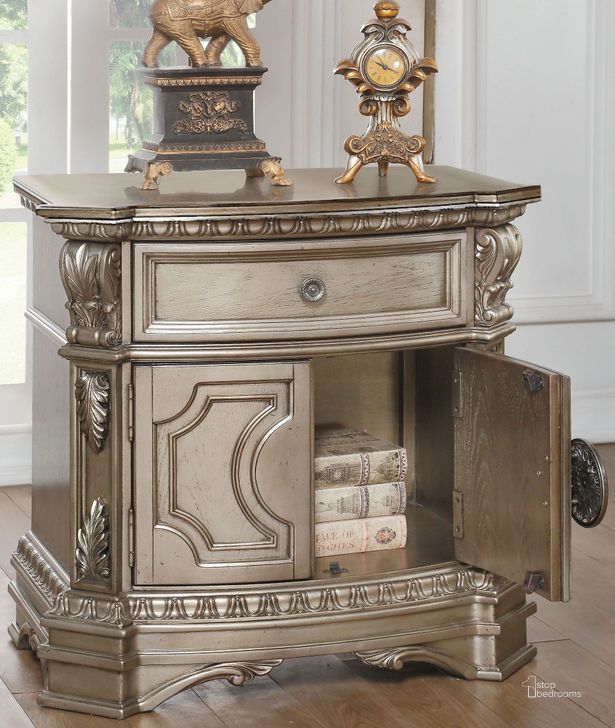 The appearance of Northville Antique Silver Nightstand with Wooden Top designed by ACME in the transitional interior design. This antique silver piece of furniture  was selected by 1StopBedrooms from Northville Collection to add a touch of cosiness and style into your home. Sku: 26935. Material: Wood. Product Type: Nightstand. Image1