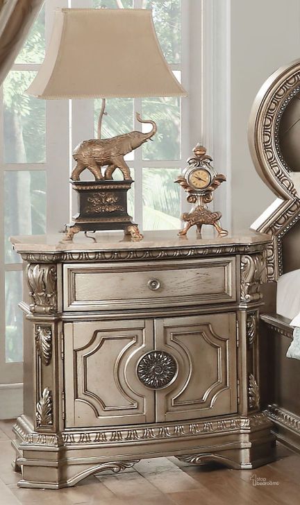 The appearance of Northville Antique Silver Nightstand with Marble Top designed by ACME in the transitional interior design. This antique silver piece of furniture  was selected by 1StopBedrooms from Northville Collection to add a touch of cosiness and style into your home. Sku: 26934. Material: Wood. Product Type: Nightstand. Image1