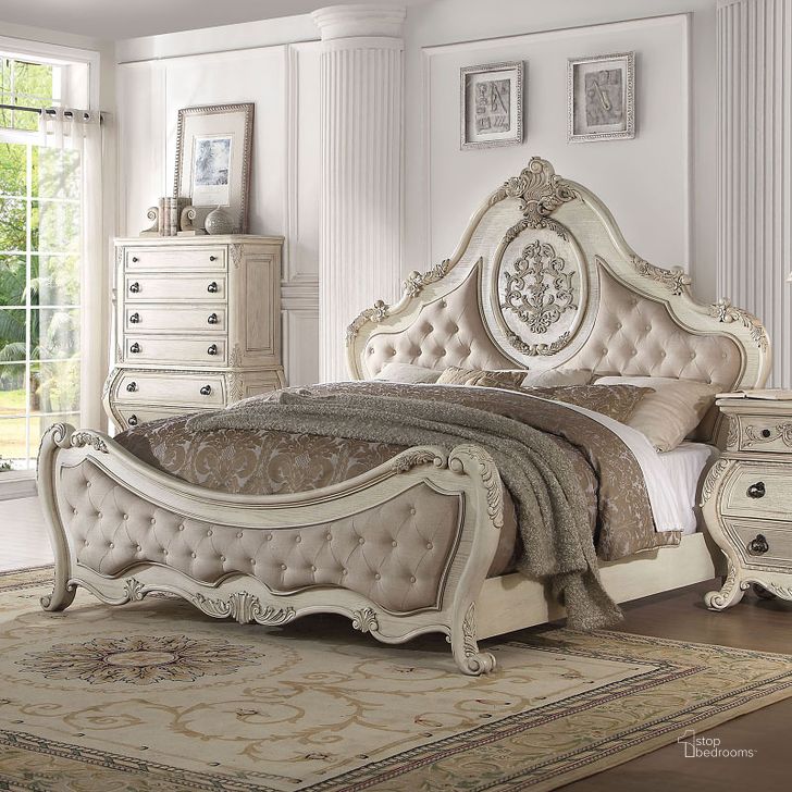The appearance of Ragenardus Panel Bed (Antique White) (Queen) designed by ACME in the rustic / southwestern interior design. This beige piece of furniture  was selected by 1StopBedrooms from Ragenardus Collection to add a touch of cosiness and style into your home. Sku: 27010Q-HB;27011Q-FB;27012Q-R. Bed Type: Panel Bed. Material: Fabric. Product Type: Panel Bed. Bed Size: Queen.