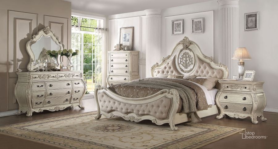 The appearance of Ragenardus Panel Bedroom Set (Antique White) designed by ACME in the rustic / southwestern interior design. This beige piece of furniture  was selected by 1StopBedrooms from Ragenardus Collection to add a touch of cosiness and style into your home. Sku: 27010Q-HB;27011Q-FB;27012Q-R;27013. Bed Type: Panel Bed. Material: Fabric. Product Type: Panel Bed. Bed Size: King. Image1