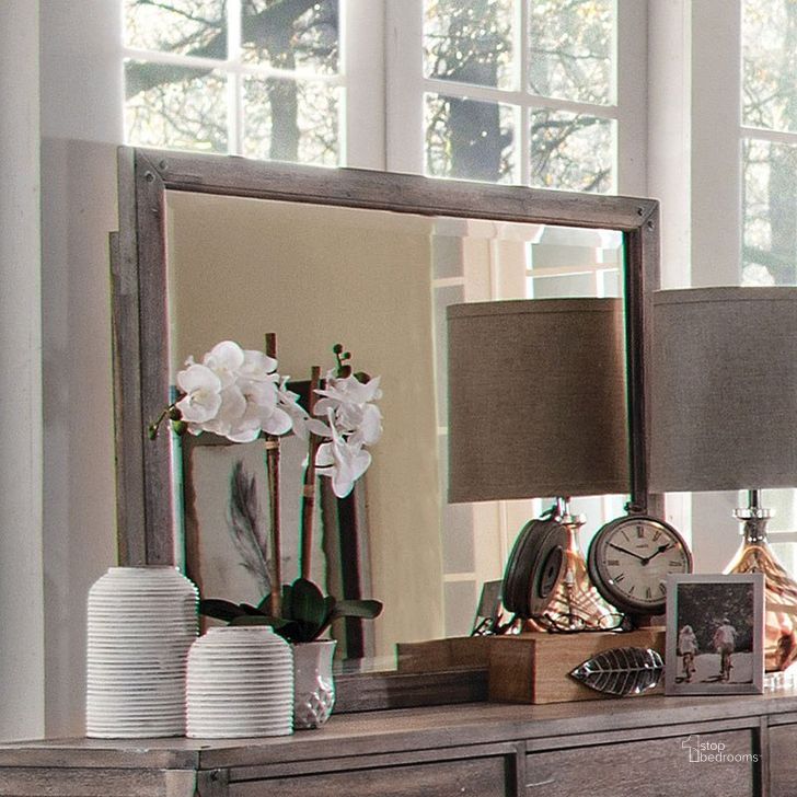 The appearance of Aurora Mirror (Weathered Grey) designed by American Woodcrafters in the transitional interior design. This weathered grey piece of furniture  was selected by 1StopBedrooms from Aurora Collection to add a touch of cosiness and style into your home. Sku: 2800-040. Material: Wood. Product Type: Dresser Mirror. Image1